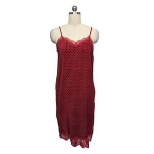 Free People Lace Trim Slip Dress Midi Size 4 Red Black Polka Dot Pleated Light